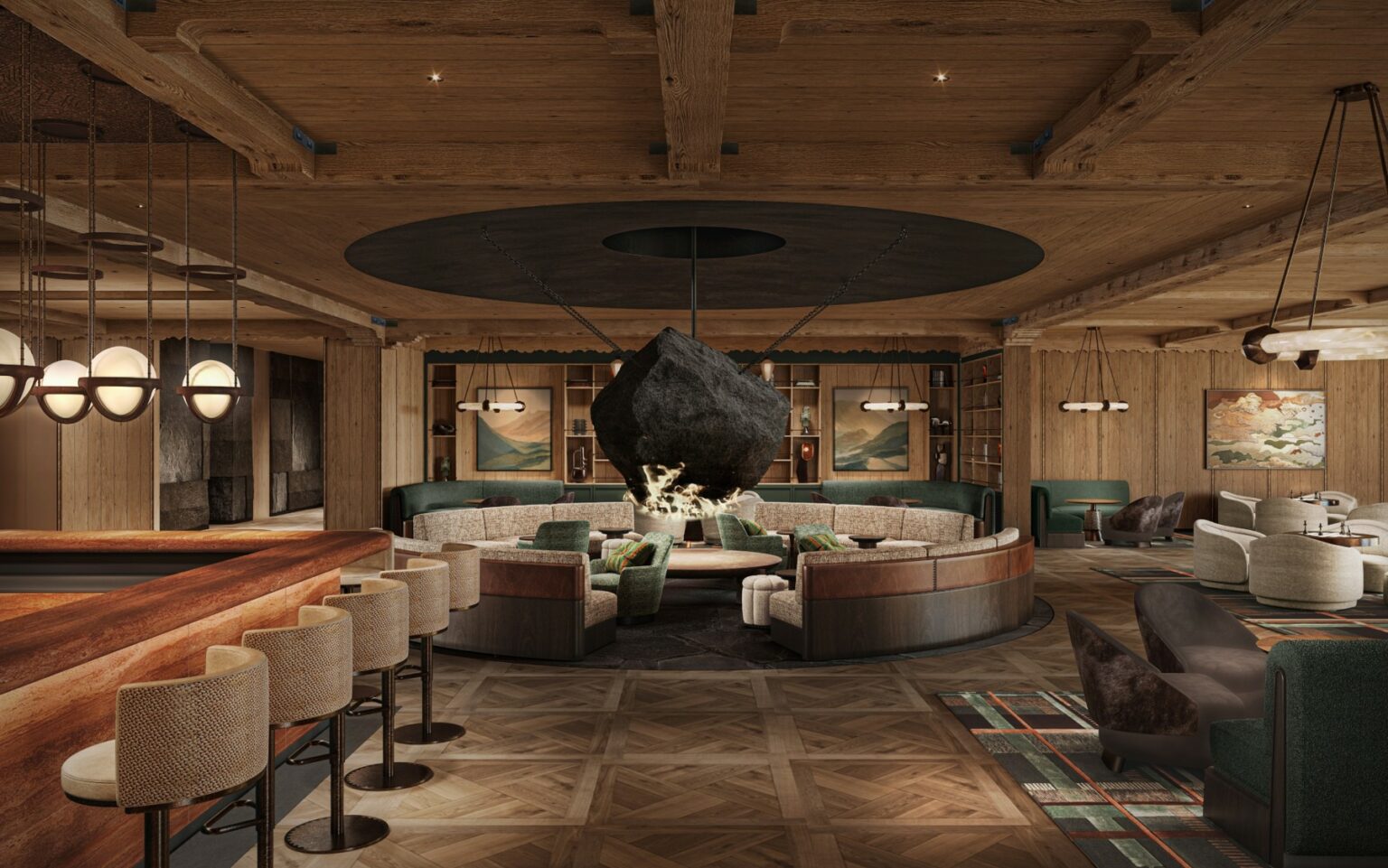 Luxurious lobby with a central suspended fireplace, surrounded by curved seating. Warm wood tones, soft lighting, and modern furnishings create a cozy, inviting ambiance.