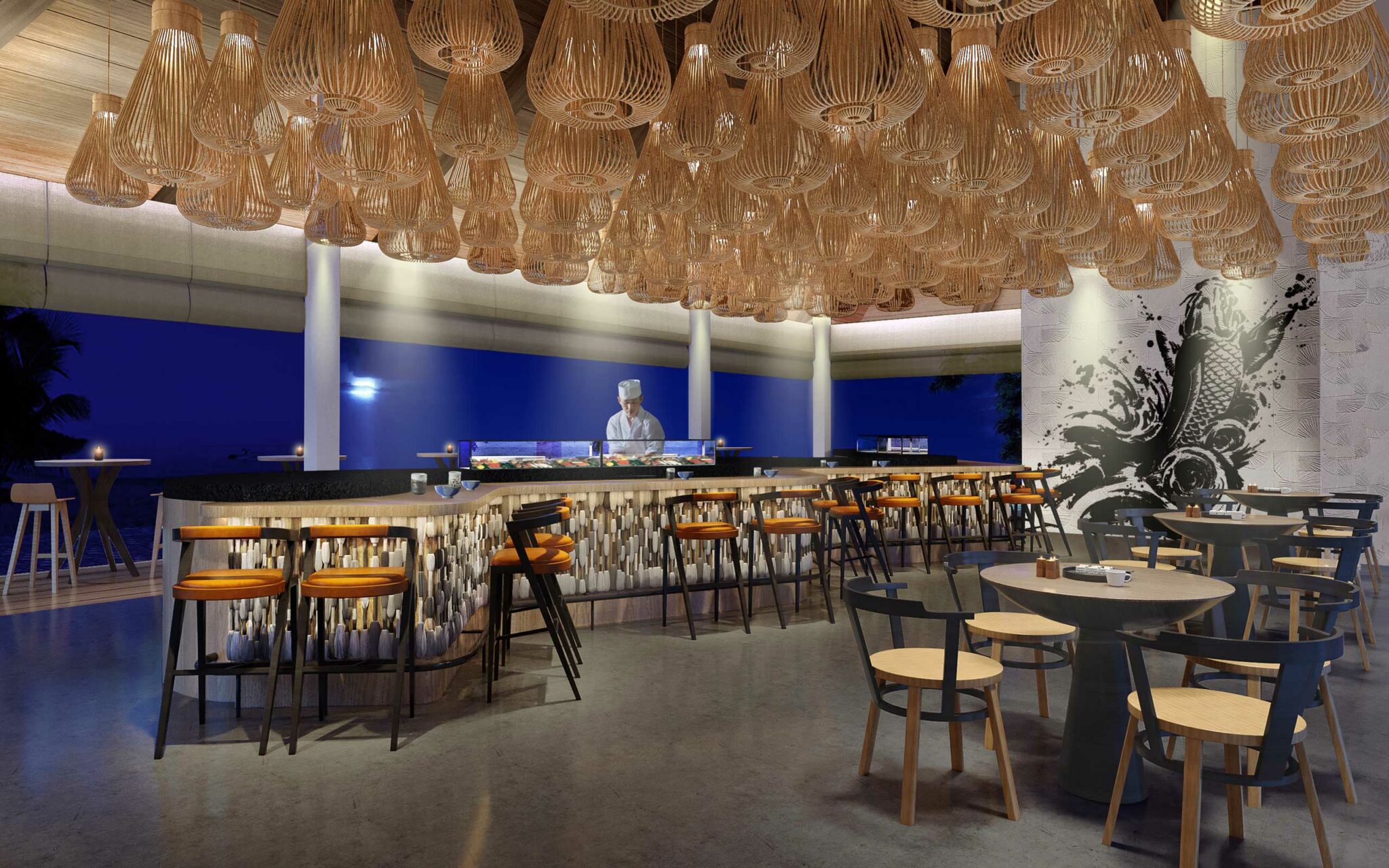 Sleek restaurant with dim lighting, woven light fixtures, and a central sushi bar where a chef is preparing food. Modern and cozy ambiance.
