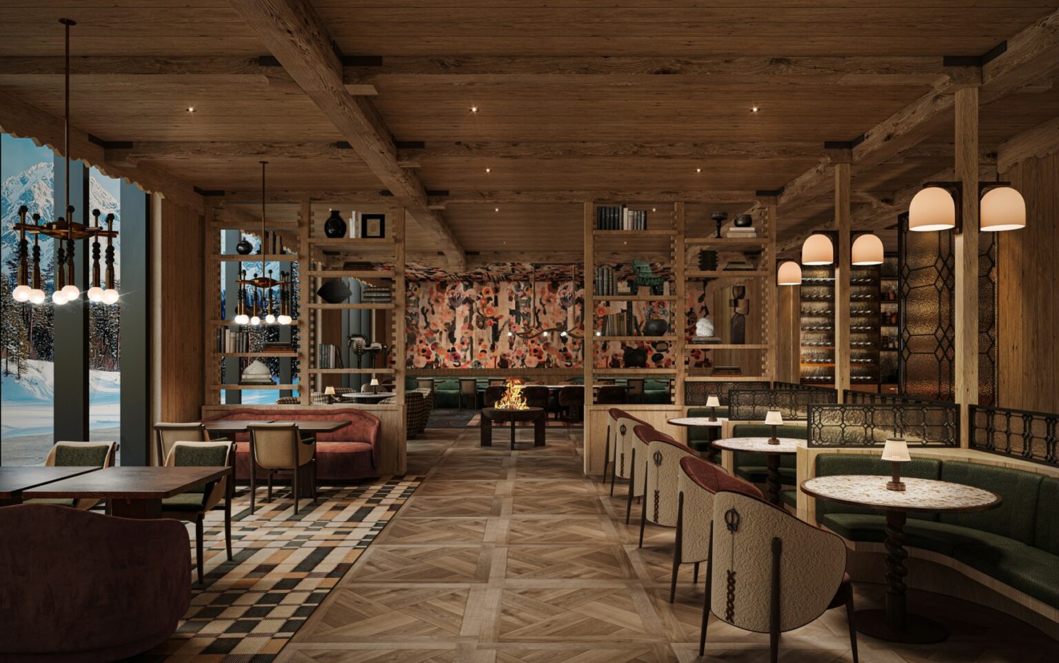 Warm, rustic restaurant interior with wooden beams, checkered floor, plush seating, and ambient lighting. Cozy fireplace in the center adds warmth.