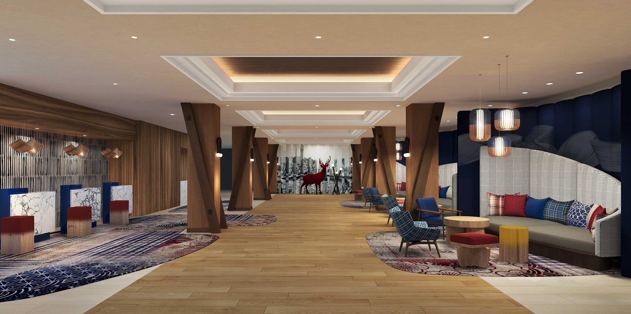 Modern hotel lobby with wooden beams and stylish decor. Features a seating area with colorful cushions, patterned rugs, and a striking red deer statue.