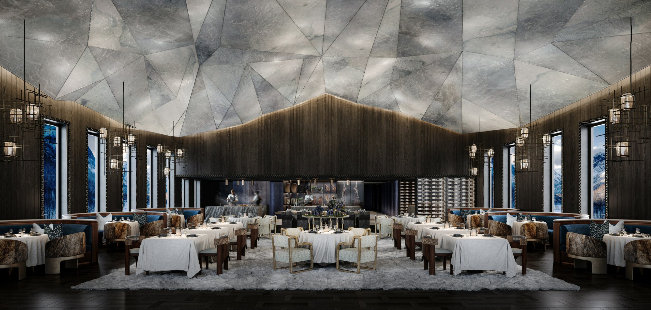 Spacious modern restaurant with geometric, vaulted ceiling, dim lighting, and elegant decor. White tablecloths and plush seating create a sophisticated ambiance.