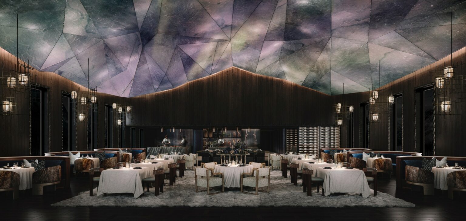 Luxurious restaurant interior with elegant, modern design. Features abstract, starry ceiling, soft lighting, and neatly arranged tables with white linens.