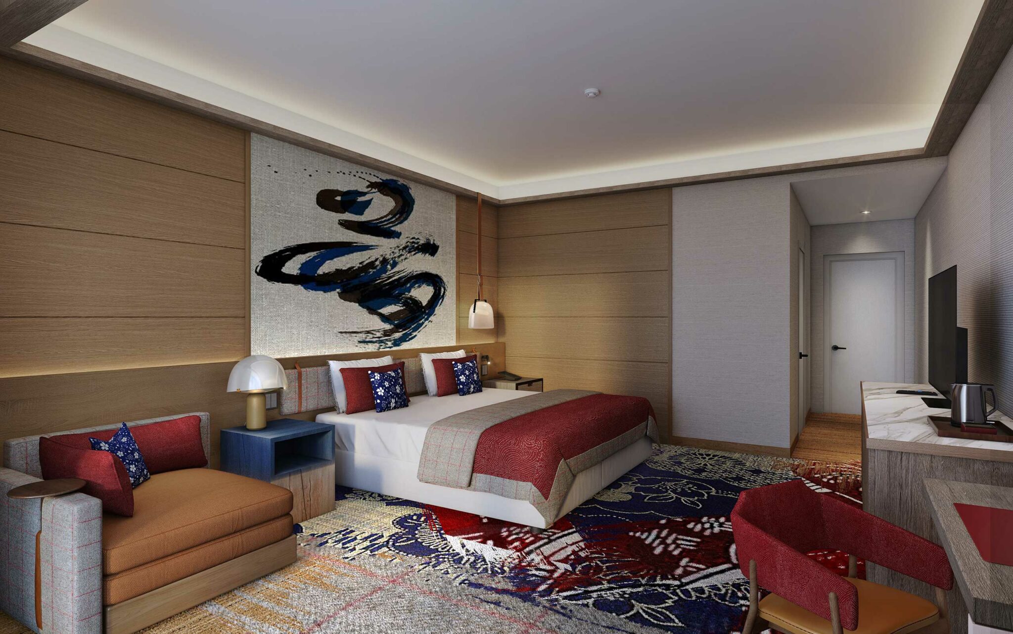 Modern hotel room with a large bed, red accents, abstract wall art, and warm wooden tones. Cozy seating area and natural lighting create a welcoming vibe.