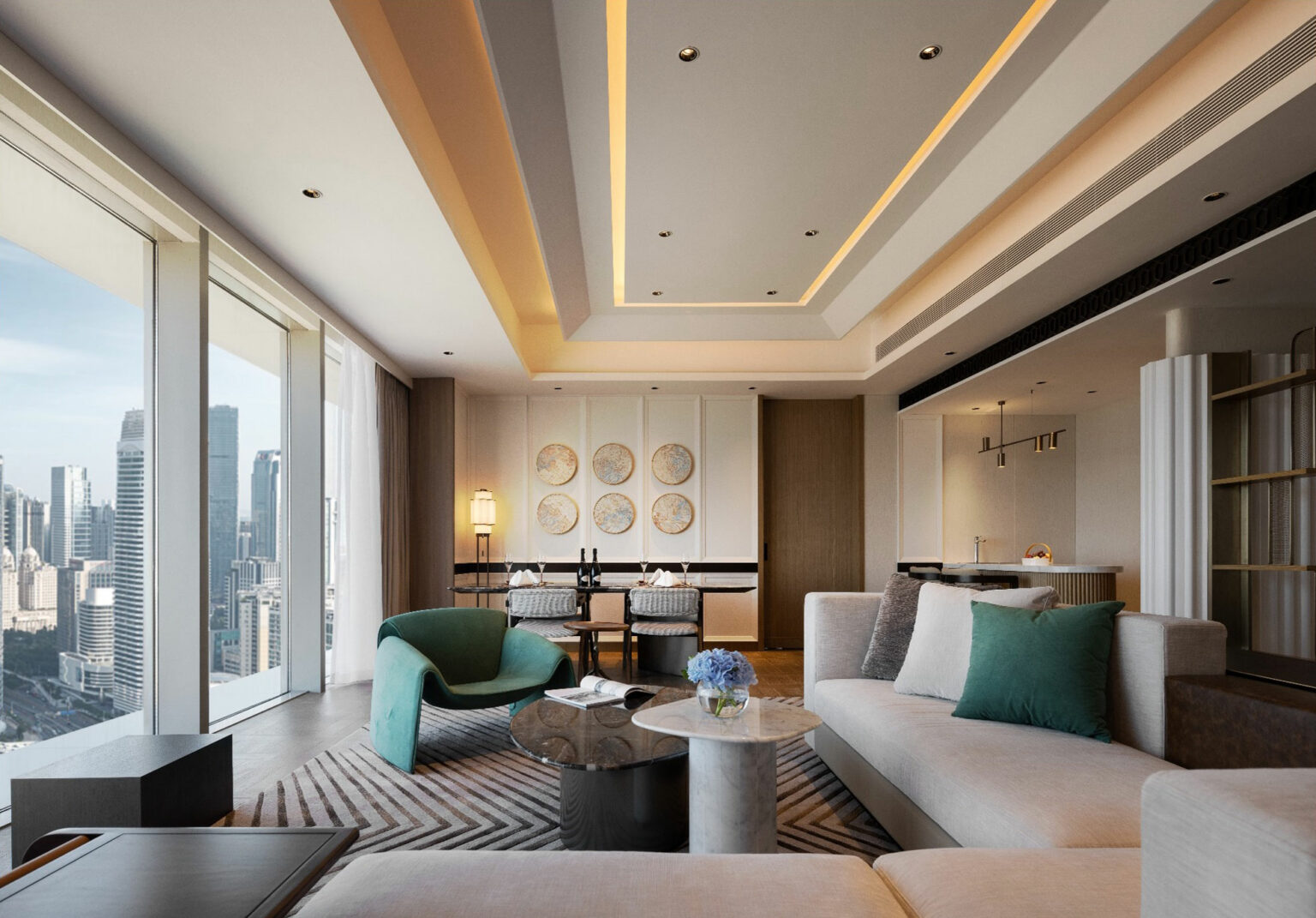 Luxurious modern living room with city view, featuring beige sofas, green armchair, glass coffee table, wall art, and soft lighting, creating a serene atmosphere.