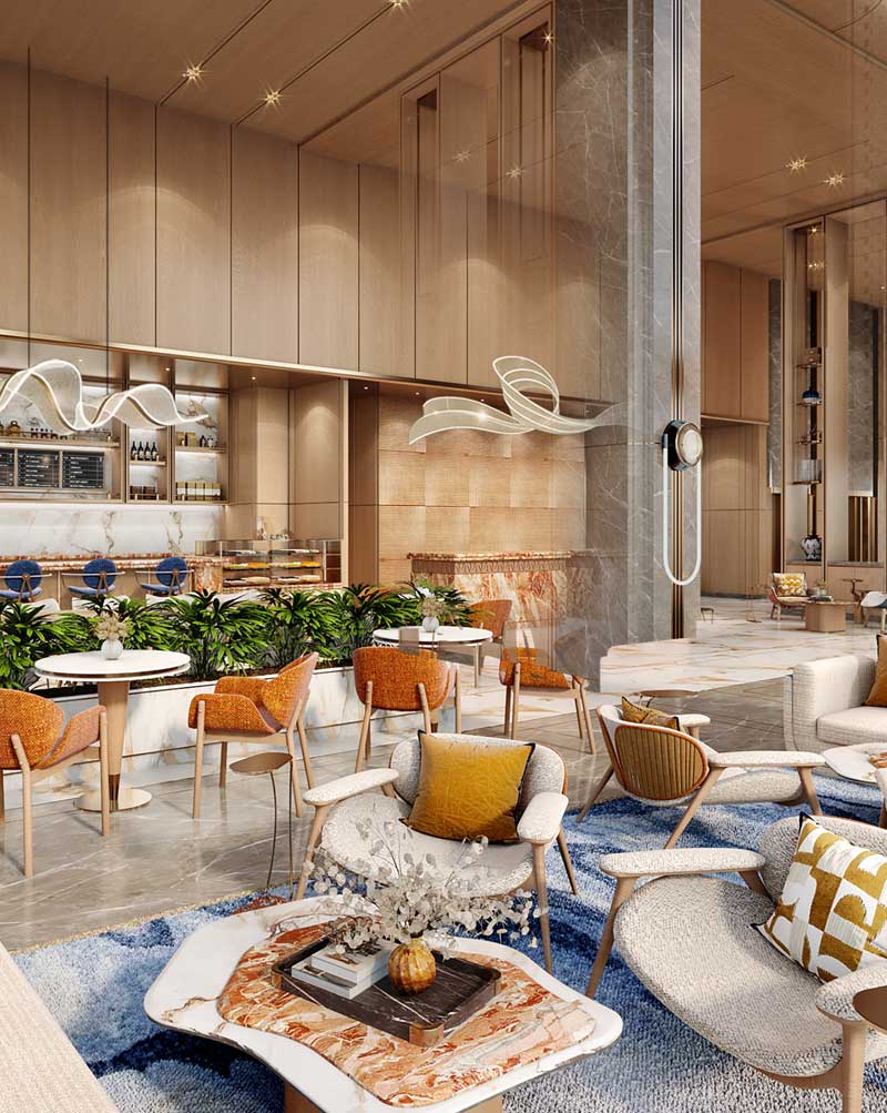 Luxurious modern lounge with high ceilings, wooden accents, and marble columns. Cozy seating, abstract art, and plants create a warm, inviting atmosphere.