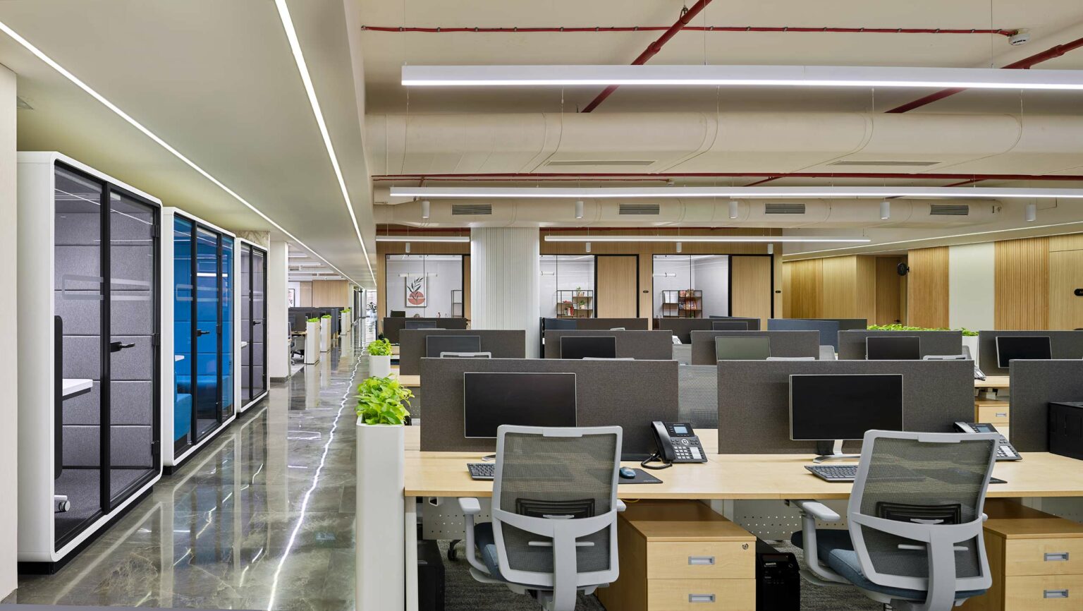 Modern office space with rows of empty desks and chairs, partitioned by gray dividers. Glass meeting rooms on the left. Minimalist design with natural light.