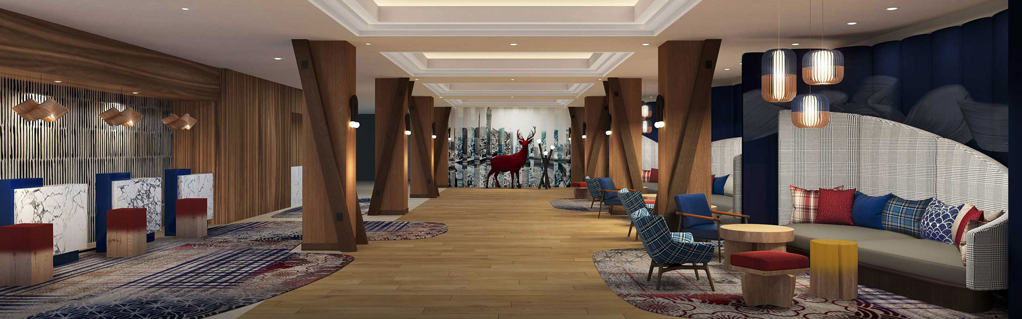 Hotel lobby with modern decor featuring wooden beams, patterned rugs, and seating area. A red deer sculpture stands against a forest mural, creating a cozy yet stylish ambiance.